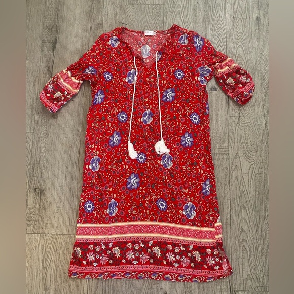 Red Floral Boho Shift Dress with Tassels, Medium - Picture 2 of 6